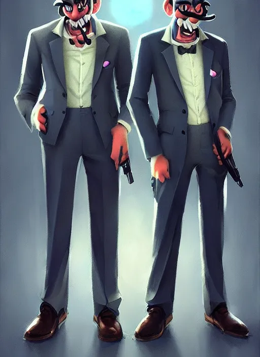 Image similar to luigi and waluigi as mafia gangsters, photorealistic, ultra detailed, trending on artstation, concept art, octane render, unreal engine, by shinji aramaki, by christopher balaskas, by krenz cushart