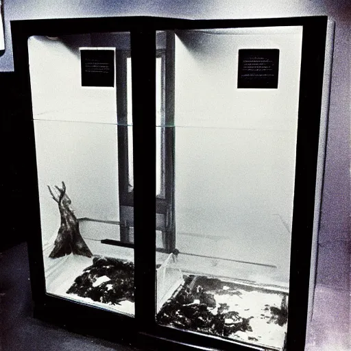 Image similar to spooky creepy liminal space, display case, aquatic exhibition museum, dried aquarium, computer screens, photo taken on 1 9 8 0 s fujifilm superia