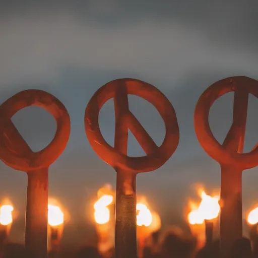 Image similar to a mob carrying torches standing in the shape of a peace sign, photography, highly detailed, high quality, 8 k, soft lighting,