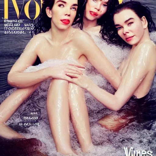 Image similar to stunning vogue magazine photo of dark - haired goddesses vanessa kirby, hailee steinfeld, and bjork smiling, legs intertwined, in a bubble bath, with wet faces!!, wet lips, smooth skin, perfect eyes, insanely detailed, elegant, by wlop, rutkowski, livia prima, mucha, wlop,