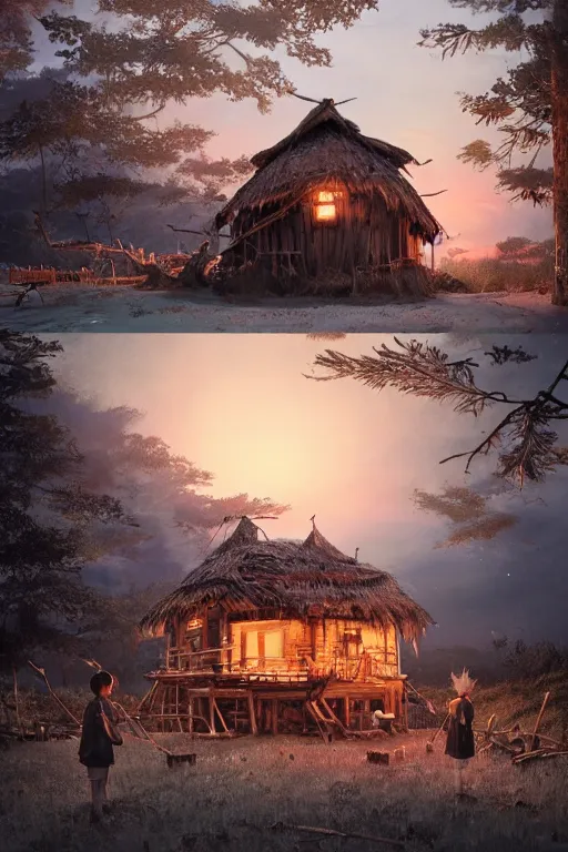 Prompt: an awesome twilight day concept art of old hut with chicken legs, by kengo kuma and wes anderson with village, mixed development, cgsociety, fantastic realism, artstation hq