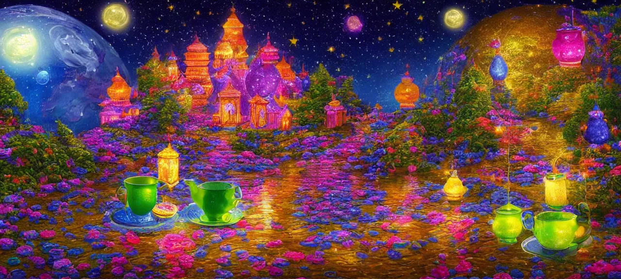 Prompt: high resolution 4k Blessing Tea Cozy night tea fantasy tea dark and colorful, bright sparkling lights realistic night sky, stars, moon, bright crystal lanterns 3d, depth details In the art style of Victor Nizovtsev