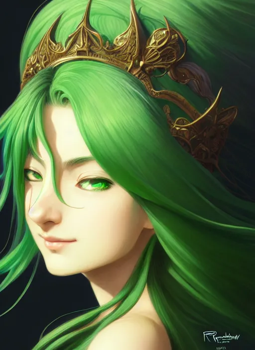 Image similar to portrait, head and body only, palutena, green hair, concept art, digital illustration, by rossdraws, frank franzzeta, intricate, masterpiece, elegant, hyper detailed, artstation, unreal engine rendered, concept art, smooth, sharp focus, illustration, art by artgerm and greg rutkowski and alphonse mucha and garis edelweiss