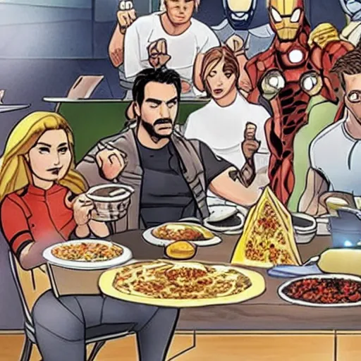 Image similar to avengers eating shawarma,