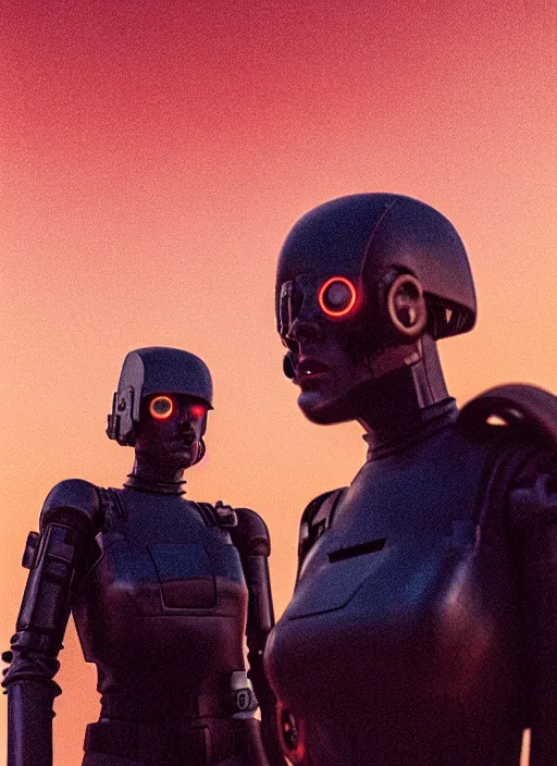 Image similar to cinestill 5 0 d photographic portrait of two loving female androids wearing rugged black techwear on a desolate plain with a red sky in front of a brutalist structure, extreme closeup, cyberpunk style, dust storm, 8 k, hd, high resolution, 3 5 mm, f / 3 2, ultra realistic faces, ex machina