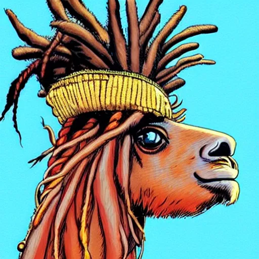 Prompt: llama with dreadlocks, heroic pose, by Katsuhiro Otomo, detailed, with beautiful colors