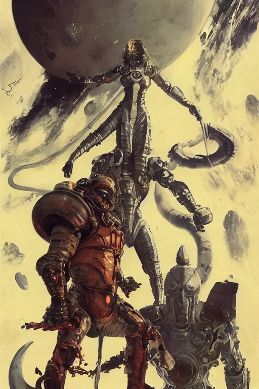 Image similar to full body portrait of gigantic viking demon standing beside elegant space woman in latex spacesuit, by norman rockwell, jack kirby, jon berkey, earle bergey, craig mullins, ruan jia, jeremy mann, tom lovell, marvel, astounding stories, 5 0 s pulp illustration, scifi, fantasy, artstation creature concept