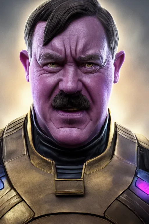 Prompt: a full character portrait of adolf hitler as thanos, the pixar adaptation, with same hairstyle, hyper detailed, digital art, trending in artstation, cinematic lighting, studio quality, smooth render, unreal engine 5 rendered, octane rendered