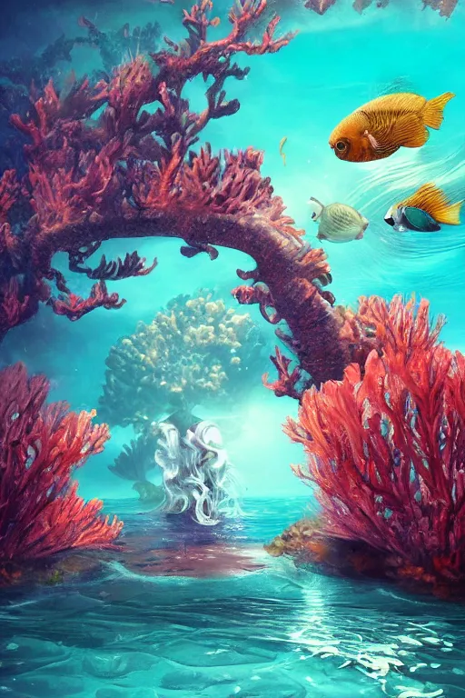 Prompt: beautiful digital matter cinematic painting of whimsical underwater under seascape coral beautiful whimsical scene by greg rutkowki artstation