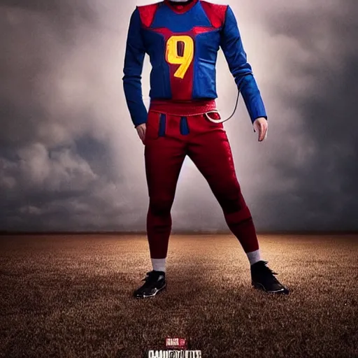 Image similar to conceptual football uniform with doctor strange outfit design, photography, filmic, cinematic, glamor shot
