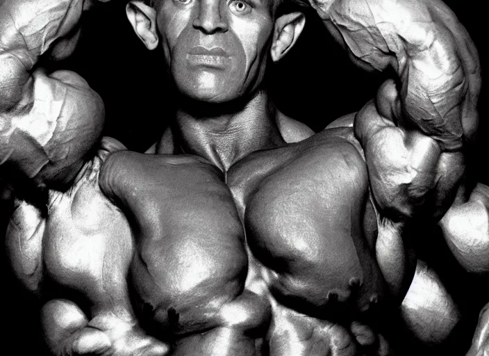 Image similar to an inflatable body builder, closeup portrait. shot by platon using a leica with flash, kodak gold 3 5 mm film
