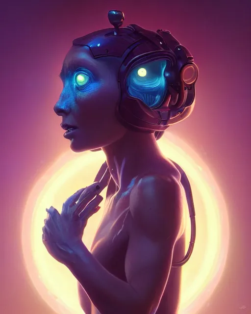 Image similar to one singular portrait of a cute bioluminescent creature, pulp scifi, highly detailed, digital painting, moody cinematic lighting, hyperrealism, dark retrowave, art by stanley lau and artgerm and magali villeneuve and alphonse mucha, artstation, octane render, cgsociety