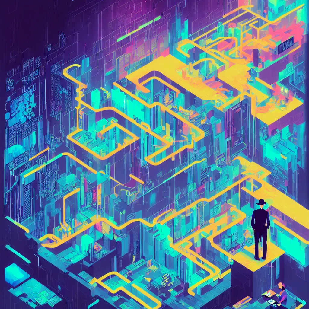 Image similar to illustration of a data-center architecture or schema, security agent with black hat, datastream or river, painting by Jules Julien, Leslie David and Lisa Frank and Peter Mohrbacher and Alena Aenami and Dave LaChapelle muted colors with minimalism