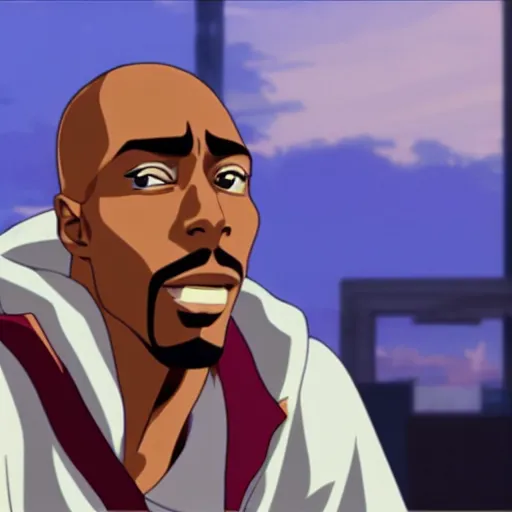 Image similar to Tupac Shakur, screenshot from a 2012s anime