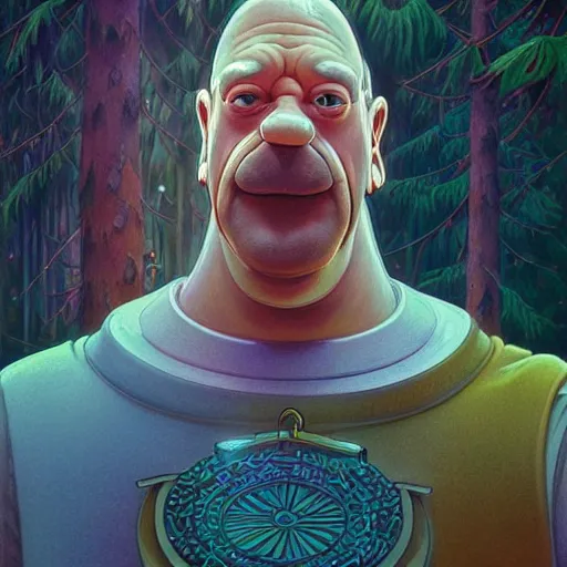 Image similar to ultra realistic illustration of magical real life cartoon character homer simpson, forest, fantasy, colorful lights, intricate, elegant, highly detailed, homer simpson digital painting, artstation, concept art, smooth, sharp focus, illustration, art by artgerm and greg rutkowski and alphonse mucha, homer!!! simpson!!!