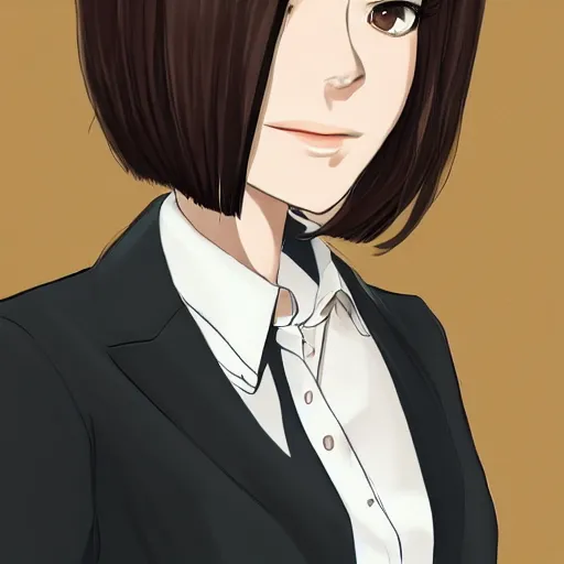 Prompt: woman in business suit, brown neat hair, animesque, pixiv, fanbox, trending on artstation, digital art, portrait, modern, sleek, highly detailed, formal, serious, determined, competent, colorized, smooth, charming, pretty, safe for work, law office