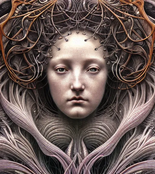 Image similar to detailed realistic beautiful storm goddess face portrait by jean delville, gustave dore, iris van herpen and marco mazzoni, art forms of nature by ernst haeckel, art nouveau, symbolist, visionary, gothic, neo - gothic, pre - raphaelite, fractal lace, intricate alien botanicals, ai biodiversity, surreality, hyperdetailed ultrasharp octane render