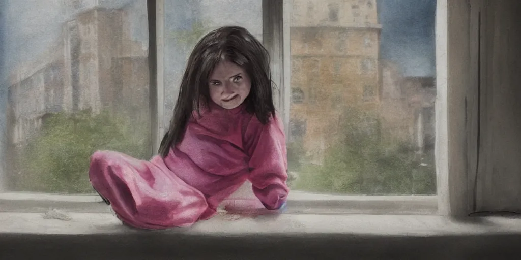 Prompt: the girl on a windowsill, hyper realistic