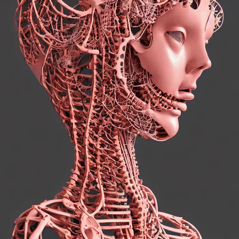 Image similar to portrait of beautiful!! horizontally symmetrical!! ceramic woman's head with coral!! reef hair. mechanical skeleton, biomechanical android. soft light painted by moebius, inspired by mary jane ansell, smooth face feature, horizontal symmetry!!!, intricate, studio photography, high detail