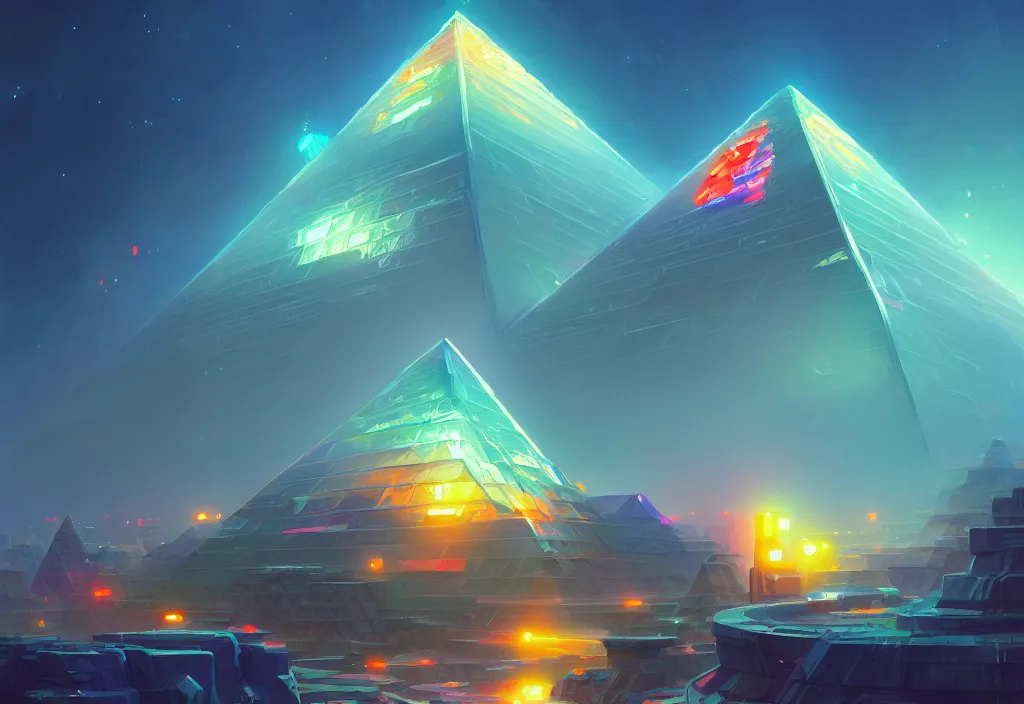 Image similar to a small chubby futuristic pyramid with neons at dawn, intricate oil painting, high detail illustration, sharp high detail, manga and anime 1 9 9 9, official fanart behance hd artstation by jesper ejsing and makoto shinkai, 4 k,