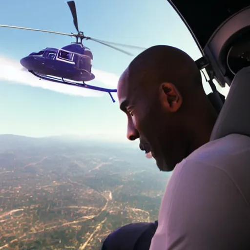 Prompt: Side shot of kobe bryant sitting in a helicopter and smoking a joint, 8k resolution, amazing detail, shot in the air