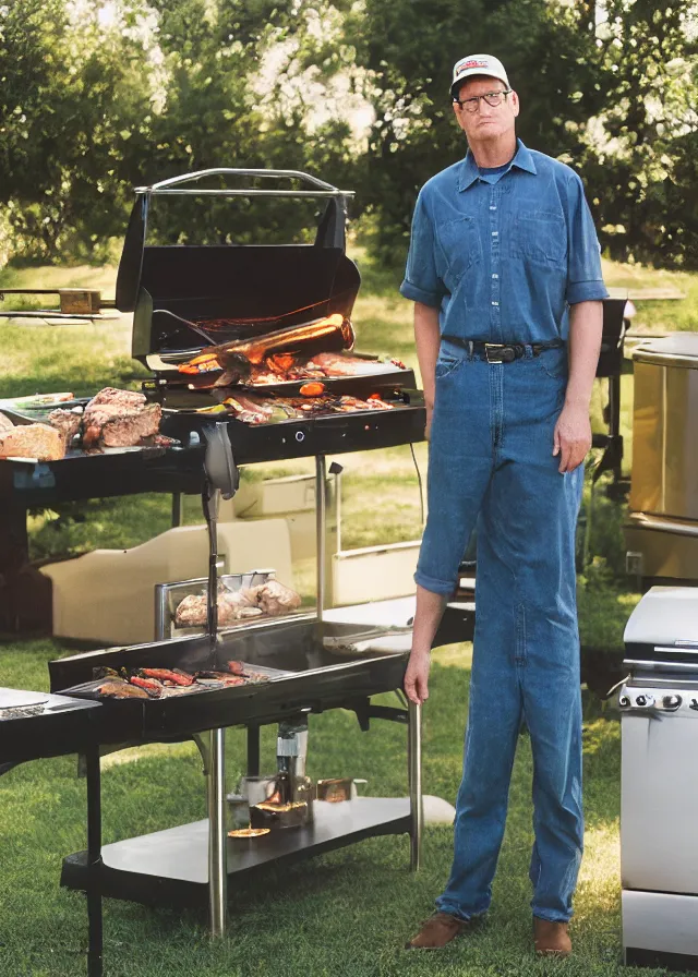 Image similar to live action hank hill standing next to a propane grill in a suburban backyard, portrait photo taken by annie leibovitz, dramatic lighting, 8 5 mm f / 2. 4, kodak portra, color film