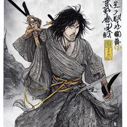 Prompt: a handsome golden Vagabond magic swordsman glides through a beautiful battlefield dramatic esoteric pen and ink illustrated in high detail by Hiroya Oku and Tatsuki Fujimoto