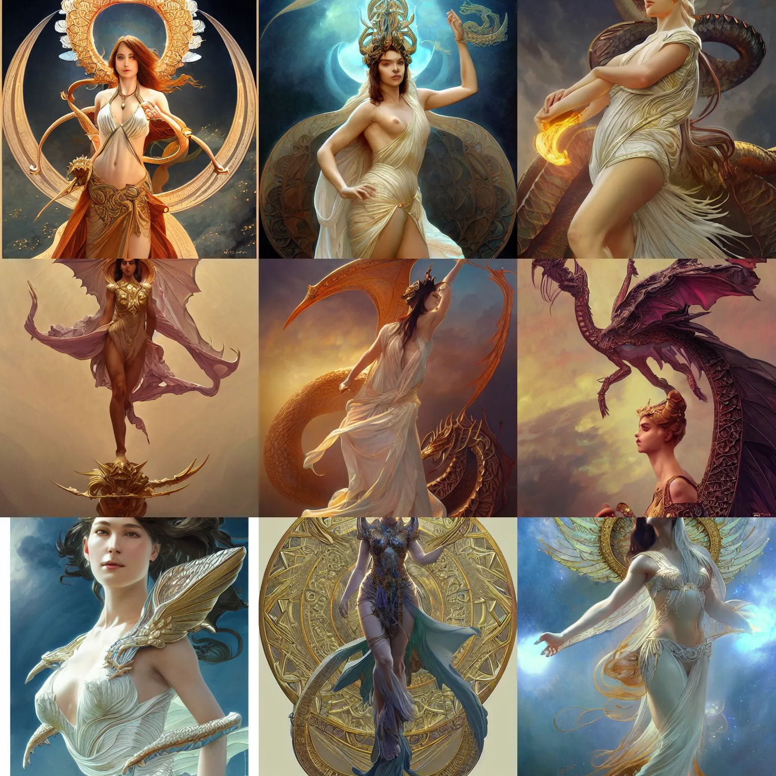 Prompt: glorious dynamic pose full body celestial goddess of dragons, intricate, elegant, highly detailed, digital painting, artstation, concept art, smooth, sharp focus, illustration, art by artgerm and greg rutkowski and alphonse mucha 4K IMAX hyperrealistic,