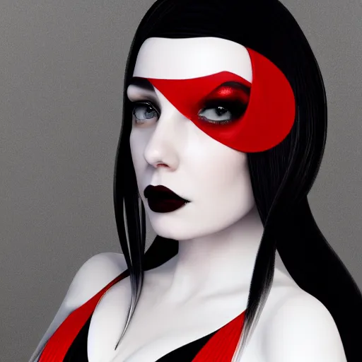 Image similar to comforting portrait of a pale goth woman with elegant multilayered red-black-silver leather high-neck striped dress, curvy thin waist, photorealistic, sublime, 16k, smooth, sharp focus, cgsociety, trending on ArtStation, volumetric lighting