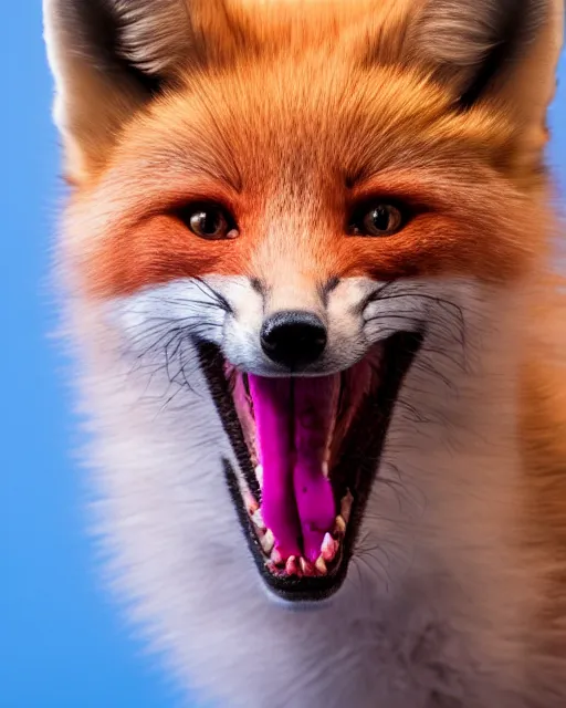 Image similar to pink fox yawning, portrait, blue background, 8 k, 8 5 mm f 1. 8