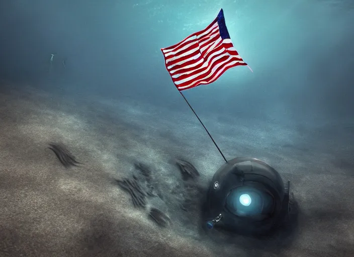 Image similar to astronaut underwater putting a flag in the sand of the bottom of the ocean. there is a futuristic submarine in the distance. dark, concept art, cinematic, dramatic, atmospheric, 8 k, trending on artstation, low visibility, fog, zack snyder