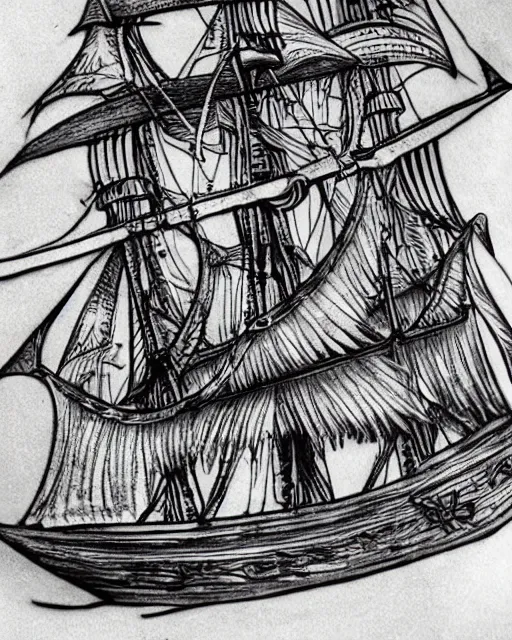 Prompt: A tattoo design on paper of a pirate ship, on paper, black and white, highly detailed tattoo, realistic tattoo, by nik lucas