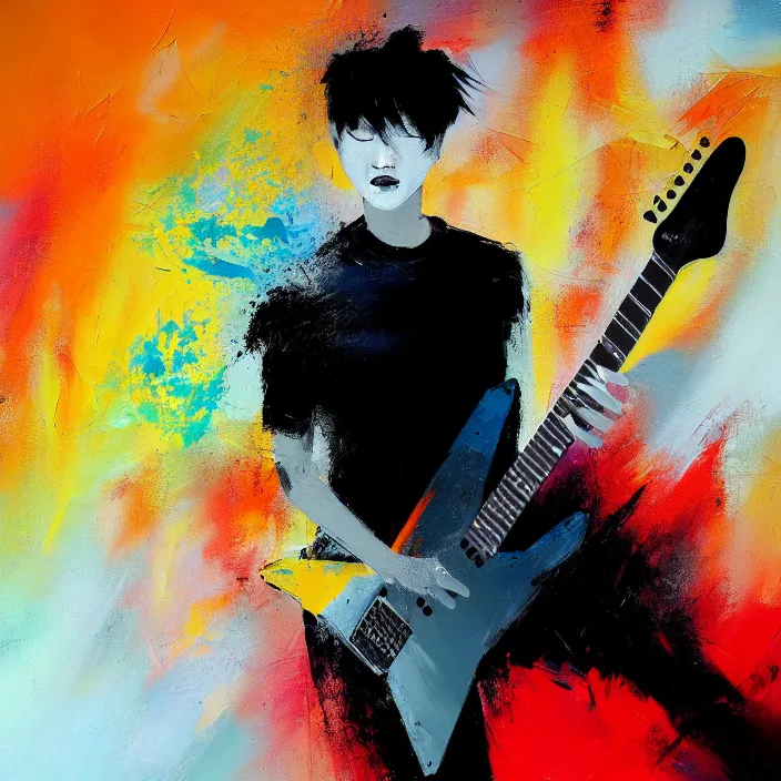 Prompt: large diagonal brush strokes, abstract dark painting of a young korean male musician wearing black tank top holding a telecaster!!! electric guitar!!, thick flowing dramatic brush strokes, dark matte colors!!, abstract, impressionist, motion, trending on artstation
