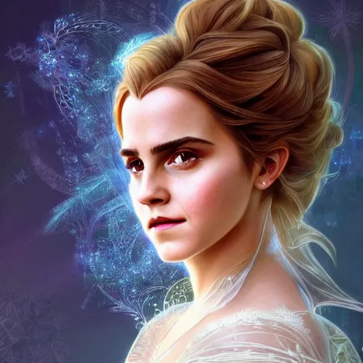 Image similar to portrait of older emma watson as elsa, fantasy dress,, intricate, elegant, highly detailed, digital painting, artstation, concept art, smooth, sharp focus, illustration, art by artgerm and greg rutkowski and alphonse mucha