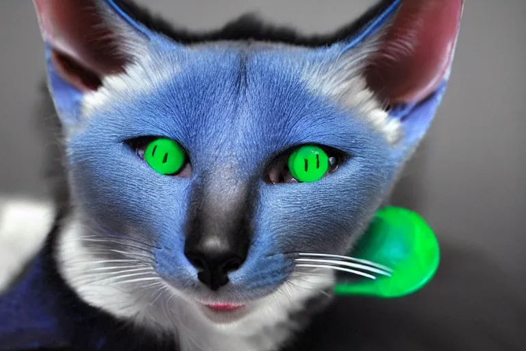 Image similar to a blue - and - black male blue / green heterochromatic catbat fursona with blue / green heterochromatic eyes ( one eye green ) and huge bat ears, photo of the catbat streaming on his computer