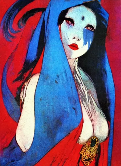 Image similar to portrait of heavyset mighty korean vampiress, jeweled veil, blue and red, strong line, saturated color, beautiful! coherent! by frank frazetta, high contrast, minimalism