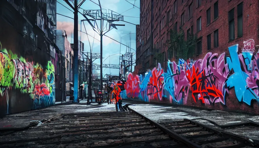 Image similar to urbanpunk - graffiti artists tagging a train in inner city new york, urban youth street clothing, spray cans, friends, graffiti street art, police flashing lights blue an red, spotlight, octane render, unreal 5, 8 k depth of field, highly - detailed, in the style of boondocks