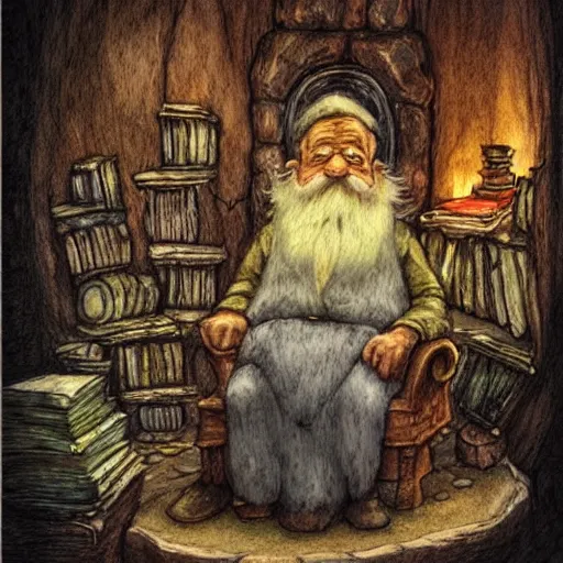 Image similar to dramatic light volumetric light hobbit knome elf whimsical fantastical a muted color watercolor sketch of a old man sitting in big chair next of a fireplace in his whimsical fantastical hobbit house living room surrounded by stacks of books from a whimsical fantastical story book character ifrom the book Baltimore & Redingote by Jean-Baptiste Monge of an old man in the style of by Jean-Baptiste Monge that looks like its by Jean-Baptiste Monge and refencing Jean-Baptiste Monge