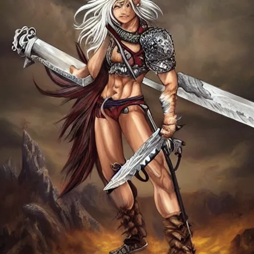 Image similar to realistic art style, warrior girl, muscular girl, wild spiky red saiyan hair, long spiky hair, electrified hair, holding scimitar made of bone, scimitar, sword, jagged sword, curved sword, orkish sword, colorized, gray skin, hyper - detailed, primeval fantasy, prehistoric fantasy, art by jacques - louis david