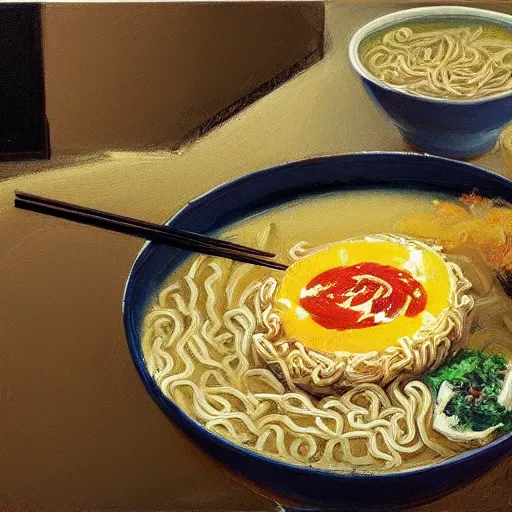 Prompt: late night ramen, wayne thiebaud