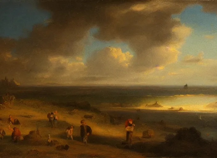 Prompt: texel, the netherlands as the background in the style of hudson river school of art, oil on canvas