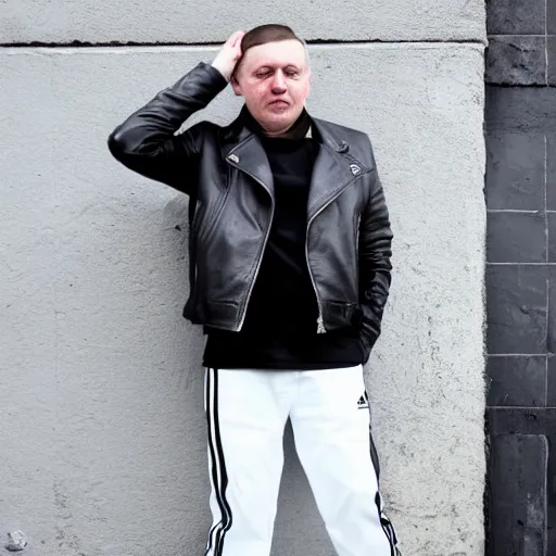 Prompt: gopnik in a black leather jacket, white Adidas pants