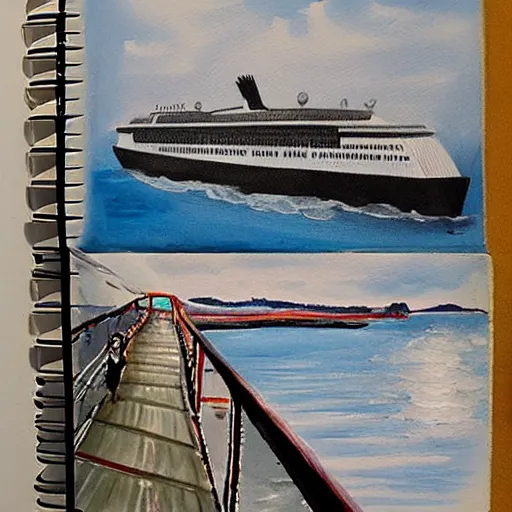 Image similar to a cruise ship bridge that has turned into a base and features a sketchbook, oil painting