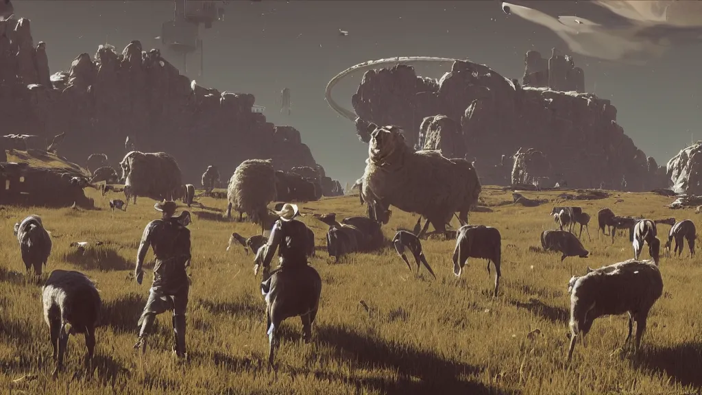 Image similar to Cyberpunk cowboys herding sheep in a No Man's Sky landscape in the style of Frederic Remington