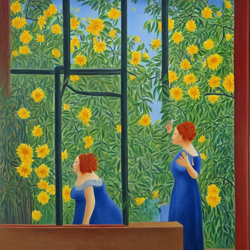 Prompt: a painting in the style of henri rousseau, a man looks through the window of an old house and sees a woman in a blue dress surrounded by sun flowers