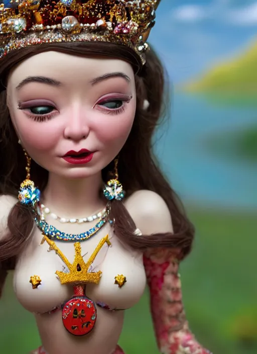 Image similar to closeup face profile portrait of tin toy bjork as a fairytale princess wearing a crown eating cakes, bikini, depth of field, zeiss lens, detailed, symmetrical, centered, fashion photoshoot, by nicoletta ceccoli, mark ryden, lostfish, breathtaking, 8 k resolution, extremely detailed, beautiful, establishing shot, artistic, hyperrealistic, octane render