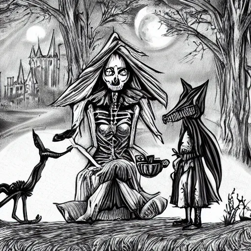 Prompt: haunted fairytale, skeletal little red riding hood having tea with the demon wolf, dramatic devianart