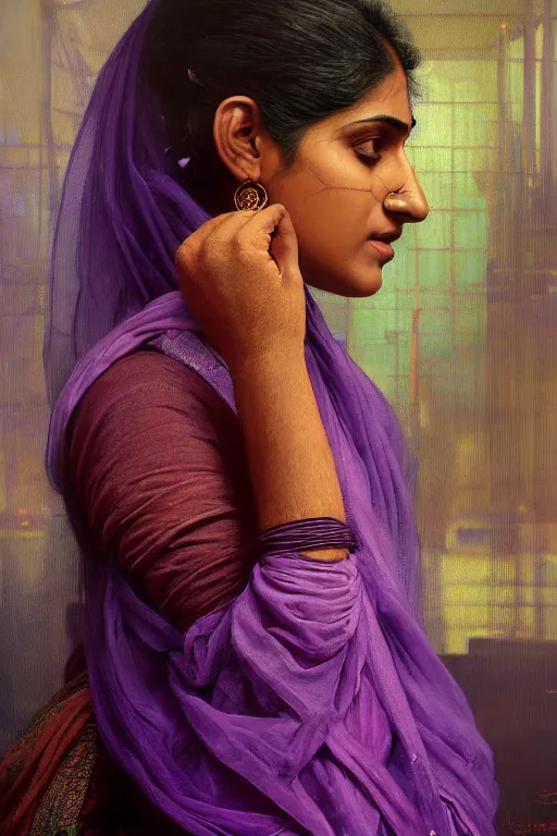 Prompt: hyperrealist portrait of a young indian american woman wearing a purple niqab, it is decorated with long wires and computer monitors are all over their body within the cyberpunk office background. by jeremy mann and alphonse mucha, fantasy art, photo realistic, dynamic lighting, artstation, poster, volumetric lighting, very detailed faces, 8 k, award winning