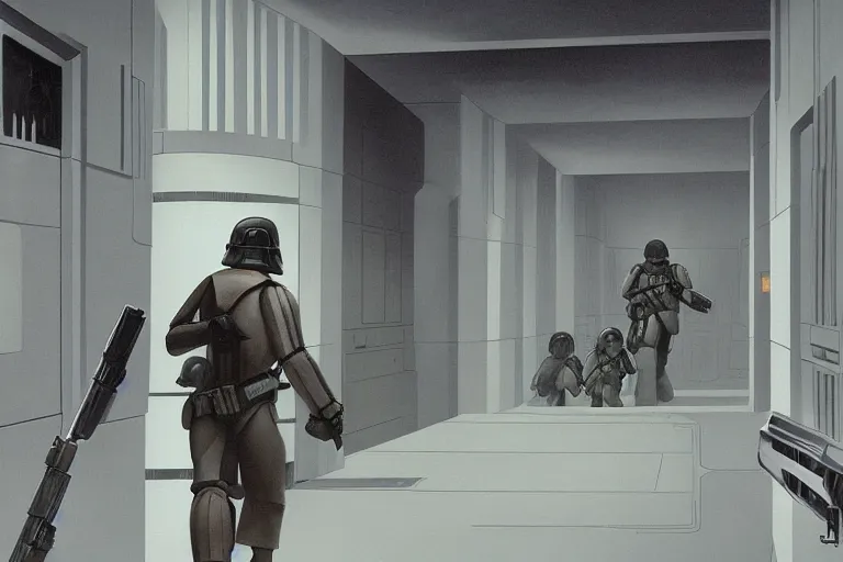 Image similar to ralph mcquarrie concept art, scene : int. death star - detention corridor, luke and leia crouch together in an alcove for protection as they continue to exchange fire with troops. han and chewbacca are barely able to keep the stormtroopers at bay at the far and of the hallway. the laserfire is very intense, and smoke fills the narrow cell corridor.