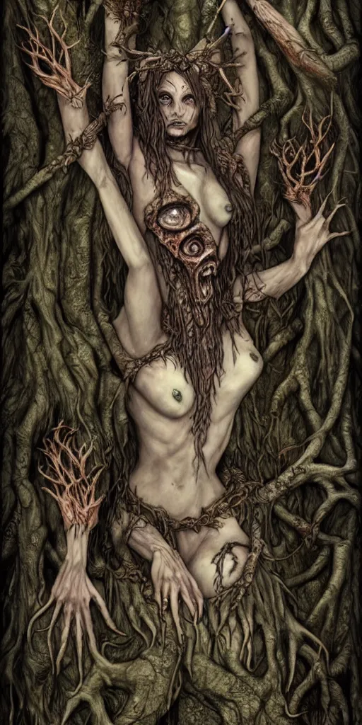 Image similar to dryads, bark skin, detailed fantasy art, dark blood horror, forest of the dead, foul spirits